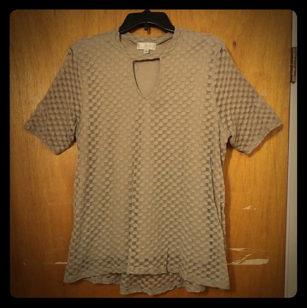 Tan Lace Sheer Overlay Top with Keyhole Cutout